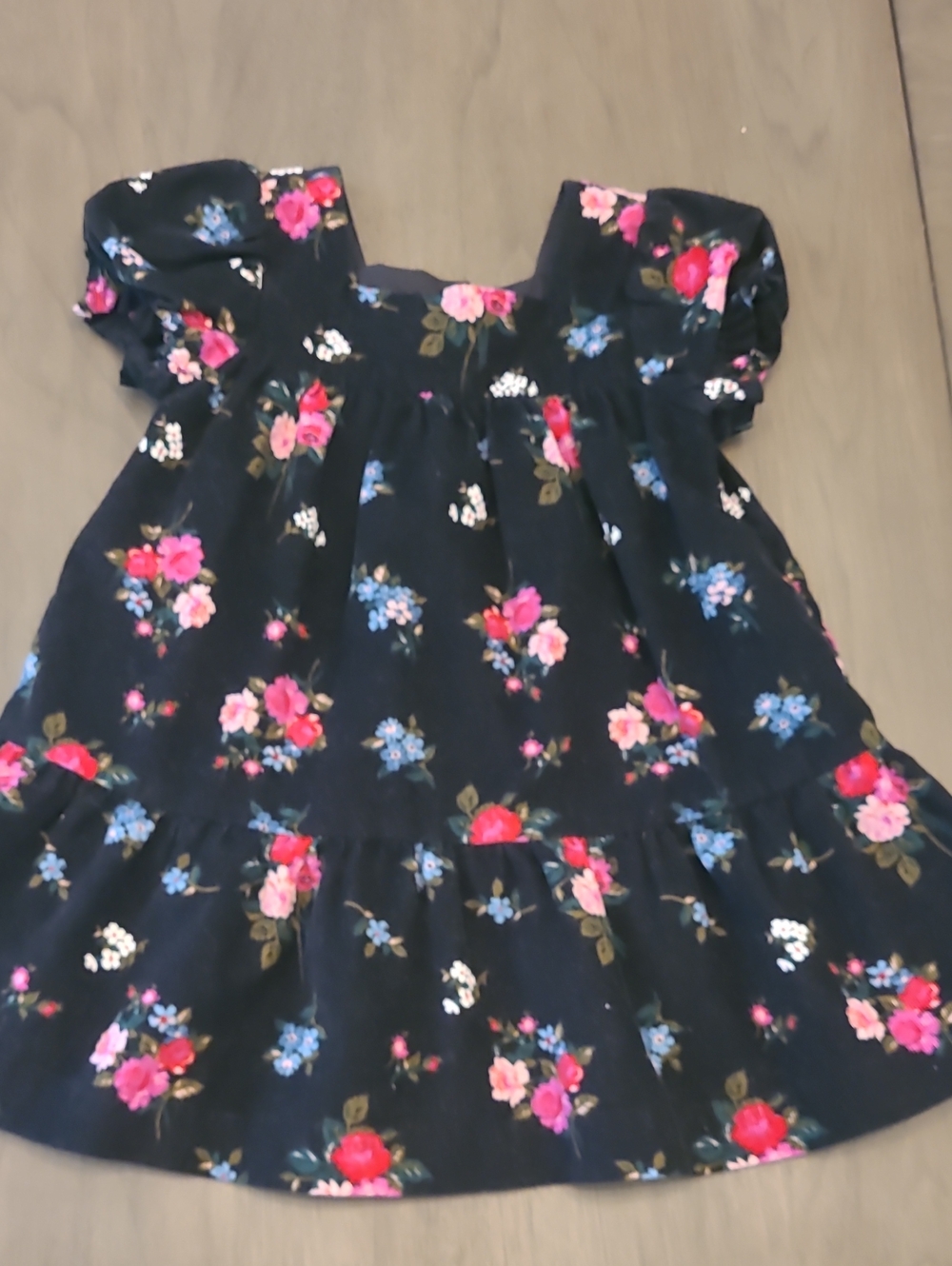 Girls Black Corduroy Floral Ruffle Dress